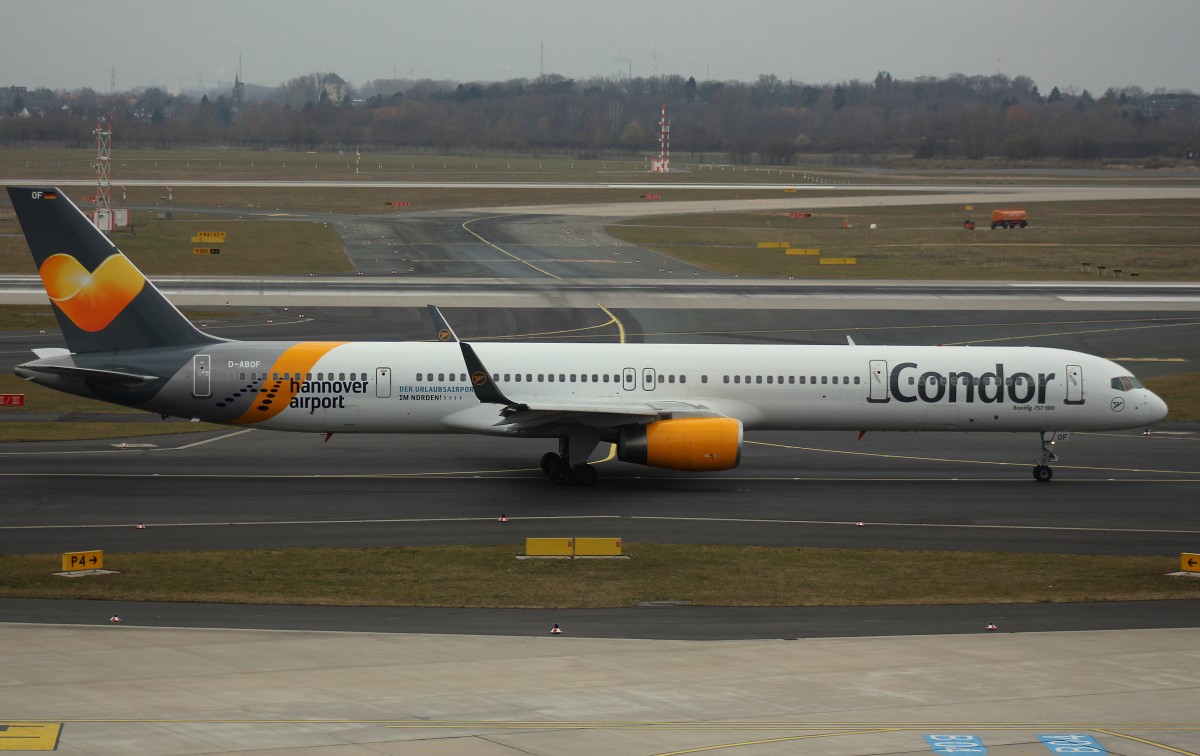 Condor,D-ABOF,(c/n 29013),Boeing 757-330(WL),19.03.2016,DUS-EDDL,Düsseldorf,Germany(Sticker:Hannover Airport)