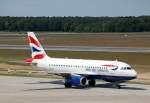 British Airways mit einem Airbua A 319-131 G-EUPT auf dem Weg zum Gate, Flughafen Berlin-Tegel, 24.05.09.